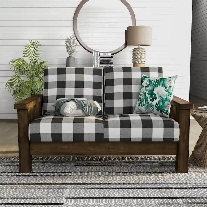 Traditional Rustic Oak Linen Fabric Loveseat