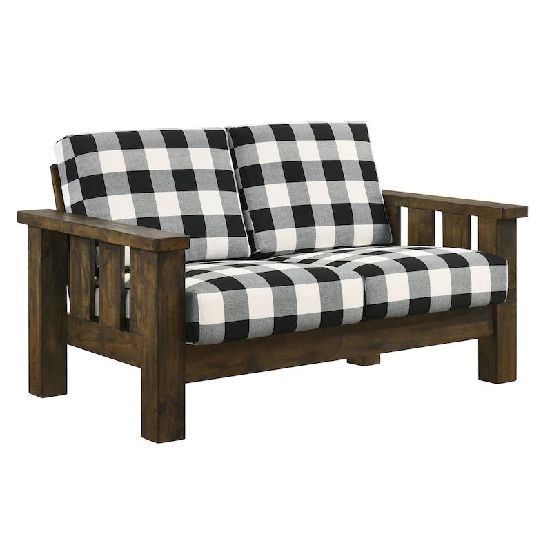 Traditional Rustic Oak Linen Fabric Loveseat