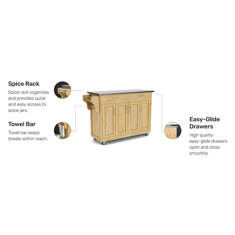 Natural Mobile Kitchen Cart with Stainless Steel Top