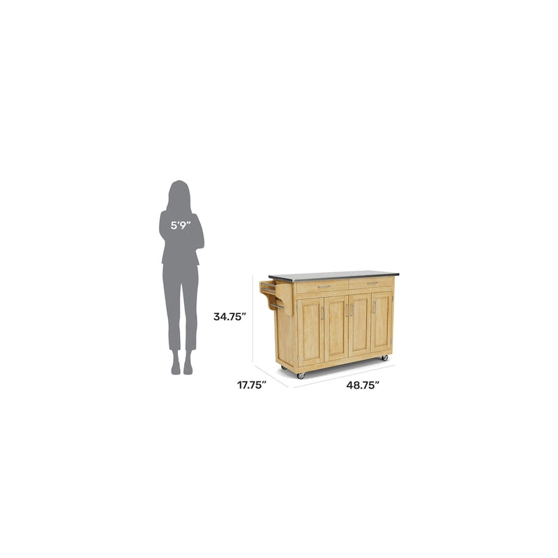 Natural Mobile Kitchen Cart with Stainless Steel Top