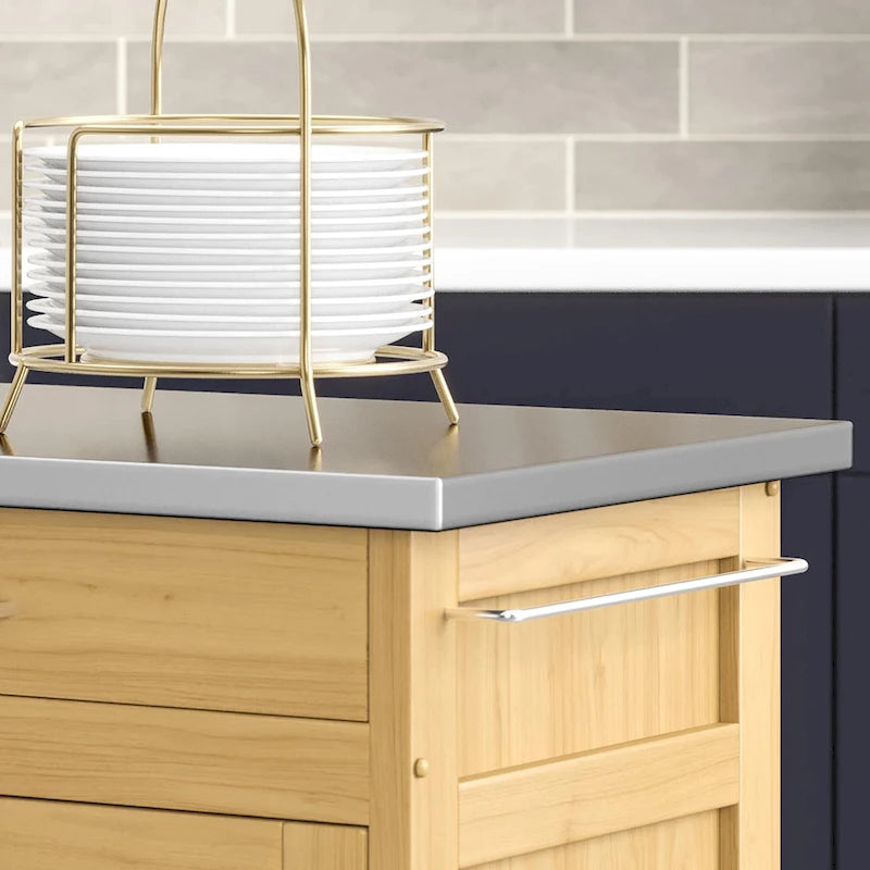 Natural Mobile Kitchen Cart with Stainless Steel Top