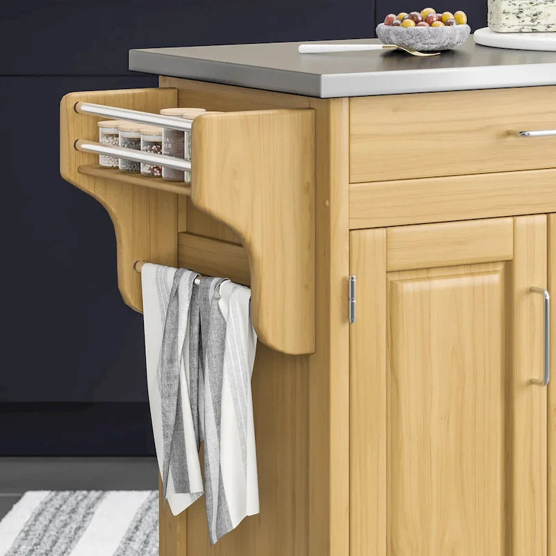 Natural Mobile Kitchen Cart with Stainless Steel Top