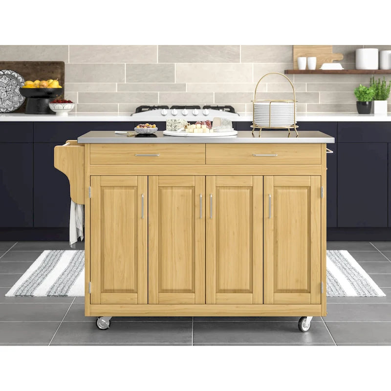 Natural Mobile Kitchen Cart with Stainless Steel Top