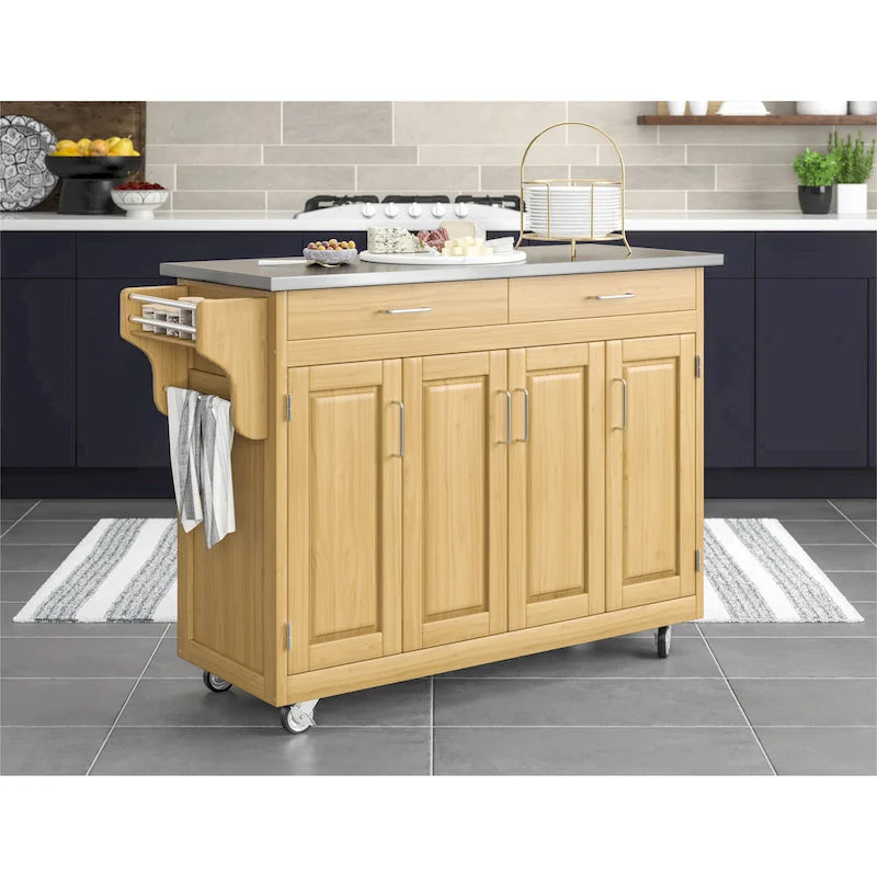 Natural Mobile Kitchen Cart with Stainless Steel Top