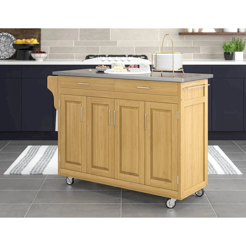 Natural Mobile Kitchen Cart with Stainless Steel Top