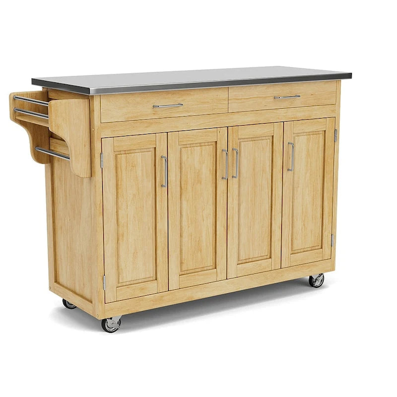 Natural Mobile Kitchen Cart with Stainless Steel Top