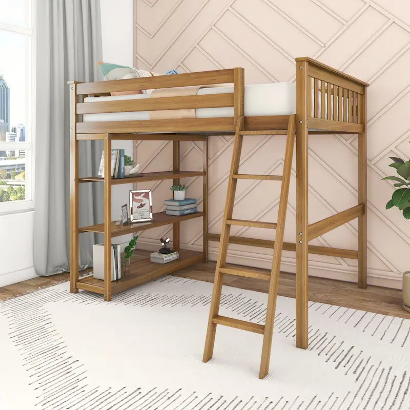 Full-Size High Loft Bed with Bookcase