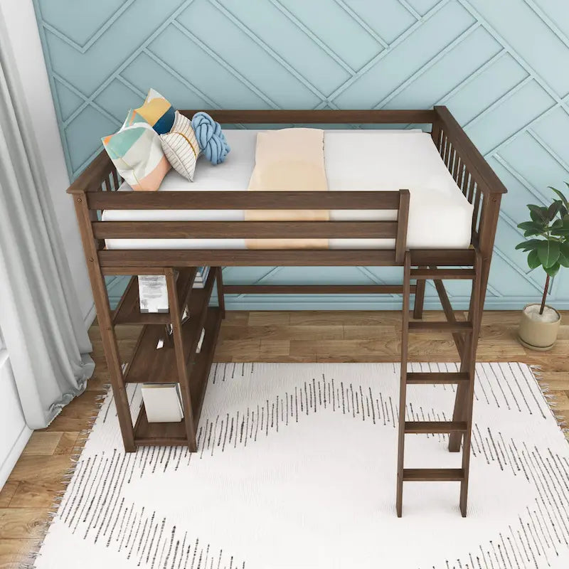 Full-Size High Loft Bed with Bookcase