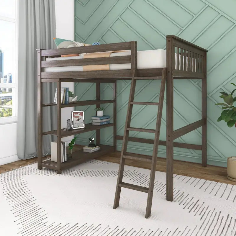 Full-Size High Loft Bed with Bookcase