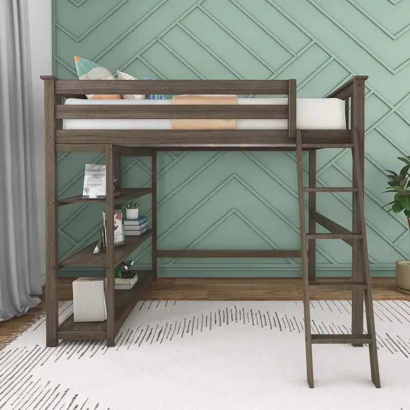 Full-Size High Loft Bed with Bookcase