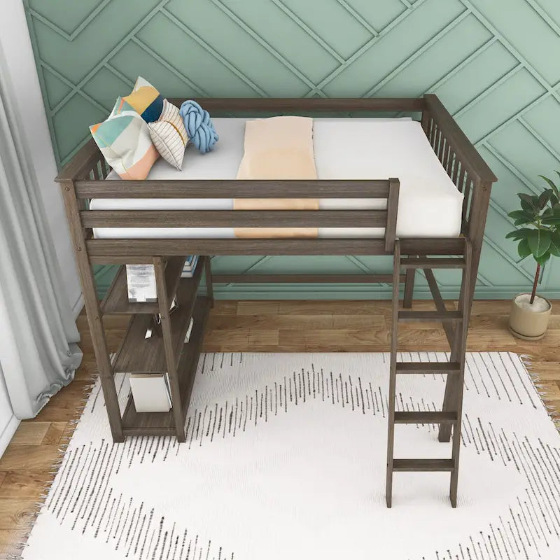 Full-Size High Loft Bed with Bookcase