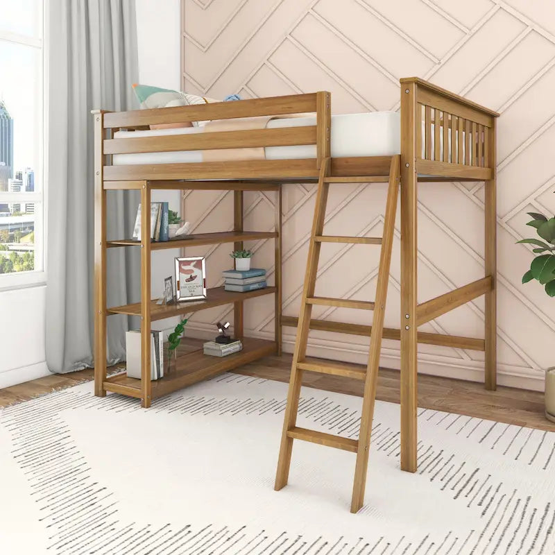 Full-Size High Loft Bed with Bookcase