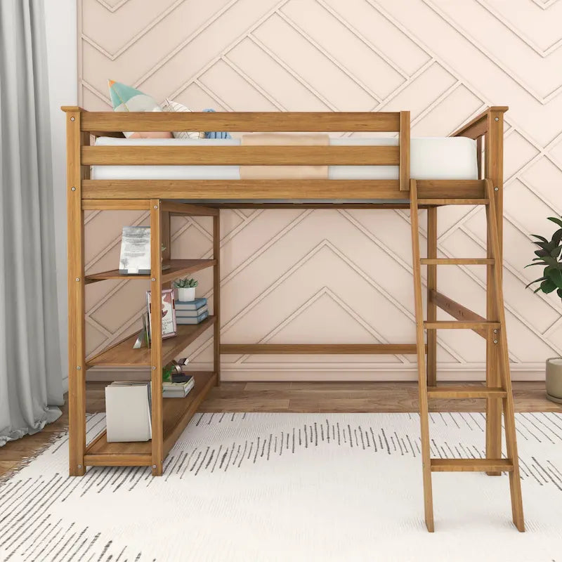 Full-Size High Loft Bed with Bookcase