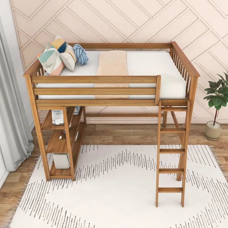 Full-Size High Loft Bed with Bookcase