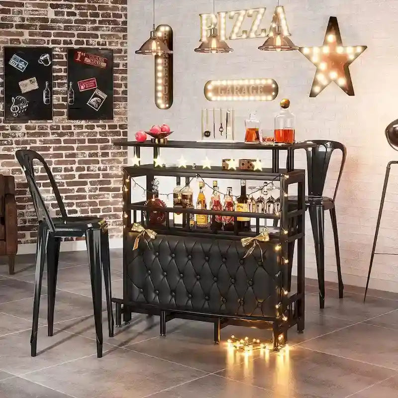 Bar Unit Bar Counter Table for Home Liquor with Front Upholstered Storage Shelf Metal Front Footrest for Home Basement