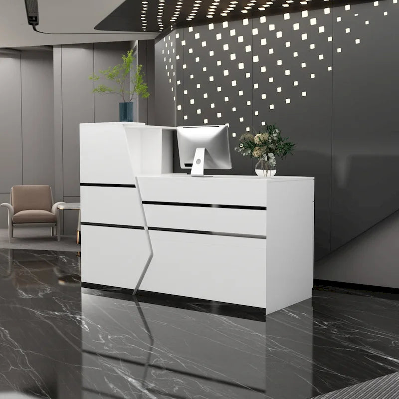 Reception Desk L-Shaped Front Counter Table w/ Storage Shelf by Timechee