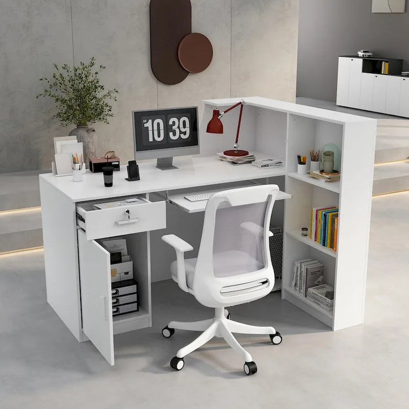 Reception Desk L-Shaped Front Counter Table w/ Storage Shelf