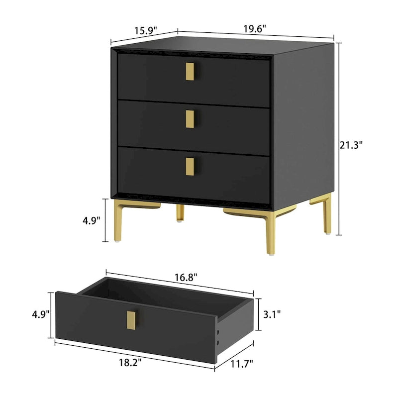 Black/White Bevelled Three-Drawer Bedside Table