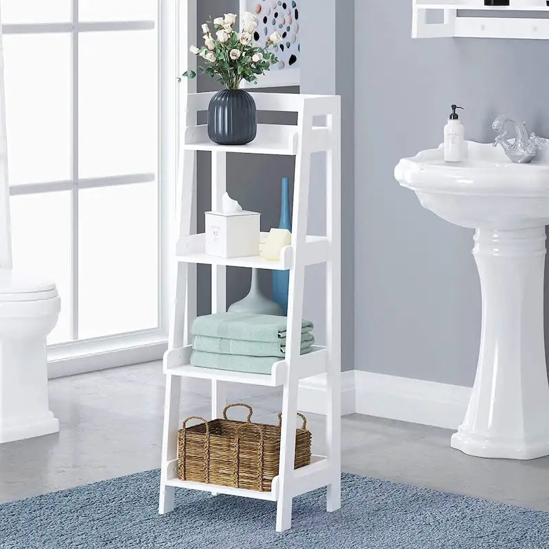 4-Tier Ladder Shelf, Bathroom Shelf Freestanding, 4-Shelf Spacesaver Open Wood Shelving Unit, Ladder Shelf