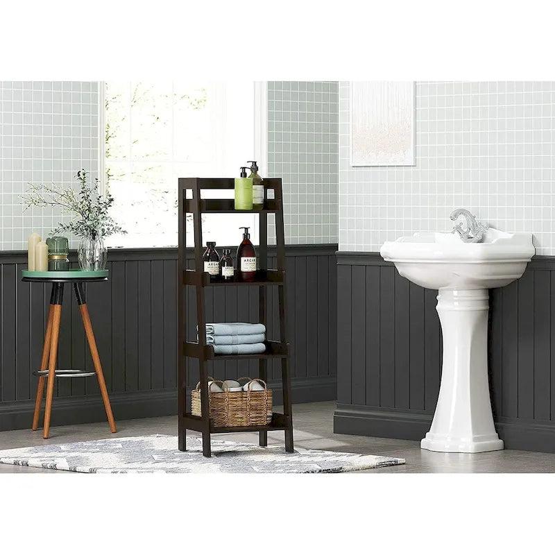4-Tier Ladder Shelf, Bathroom Shelf Freestanding, 4-Shelf Spacesaver Open Wood Shelving Unit, Ladder Shelf