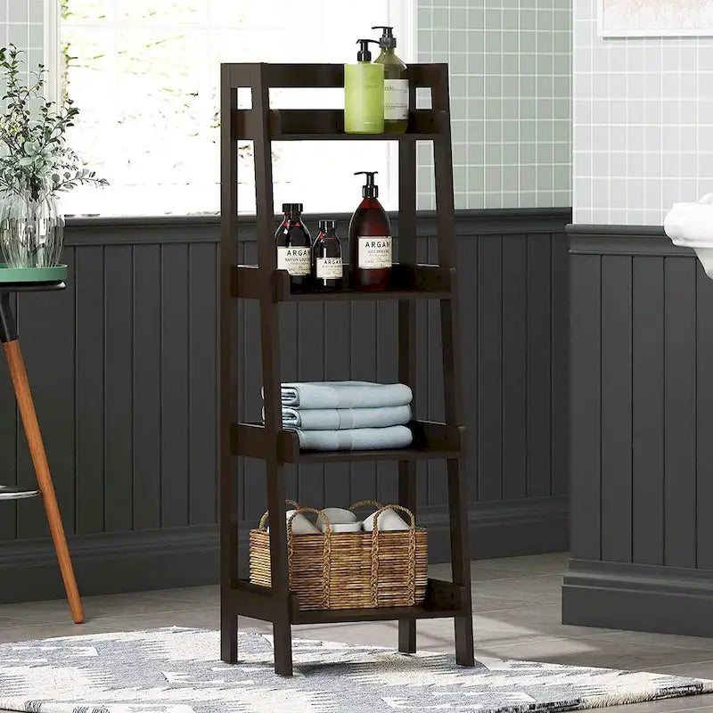 4-Tier Ladder Shelf, Bathroom Shelf Freestanding, 4-Shelf Spacesaver Open Wood Shelving Unit, Ladder Shelf
