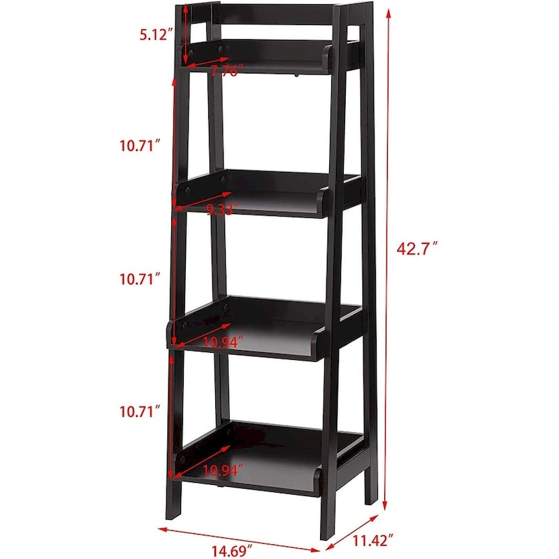 4-Tier Ladder Shelf, Bathroom Shelf Freestanding, 4-Shelf Spacesaver Open Wood Shelving Unit, Ladder Shelf