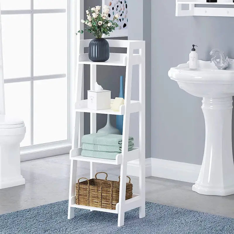 4-Tier Ladder Shelf, Bathroom Shelf Freestanding, 4-Shelf Spacesaver Open Wood Shelving Unit, Ladder Shelf