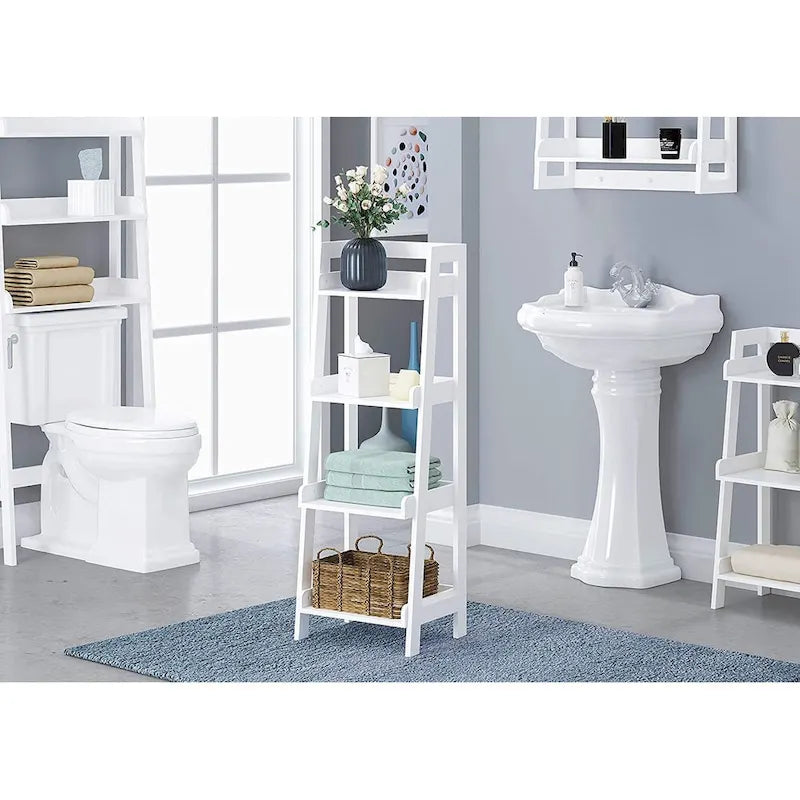 4-Tier Ladder Shelf, Bathroom Shelf Freestanding, 4-Shelf Spacesaver Open Wood Shelving Unit, Ladder Shelf