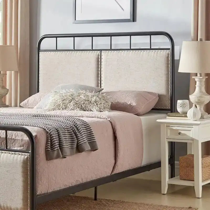 Beige Upholstered Black Metal Queen Bed