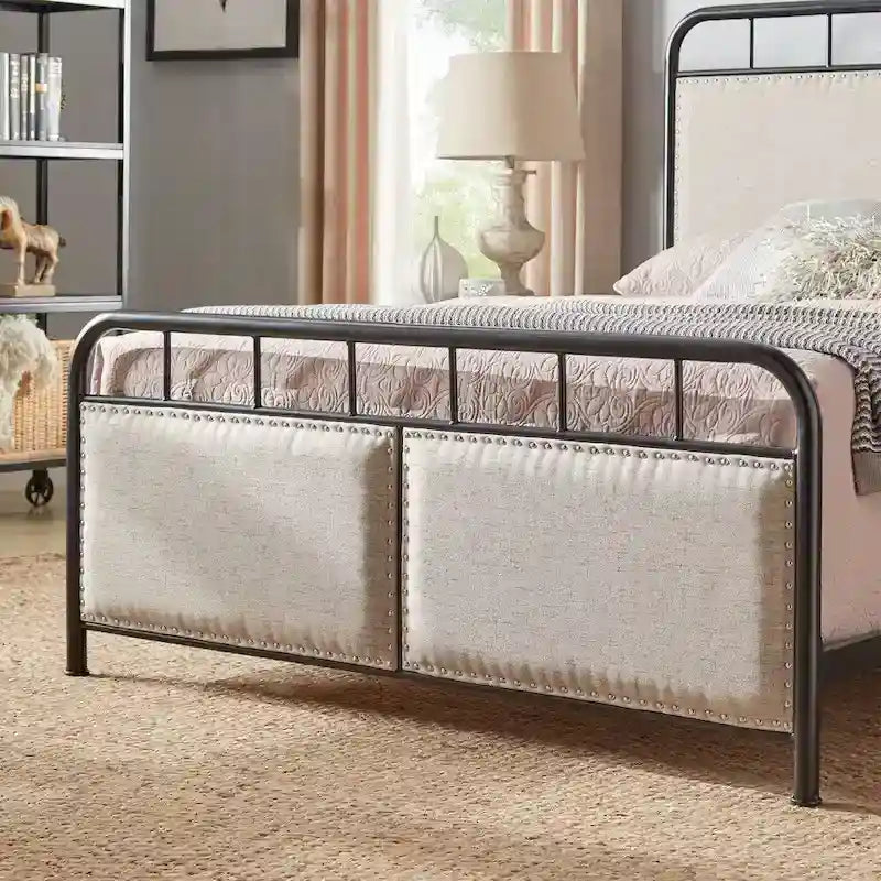 Beige Upholstered Black Metal Queen Bed