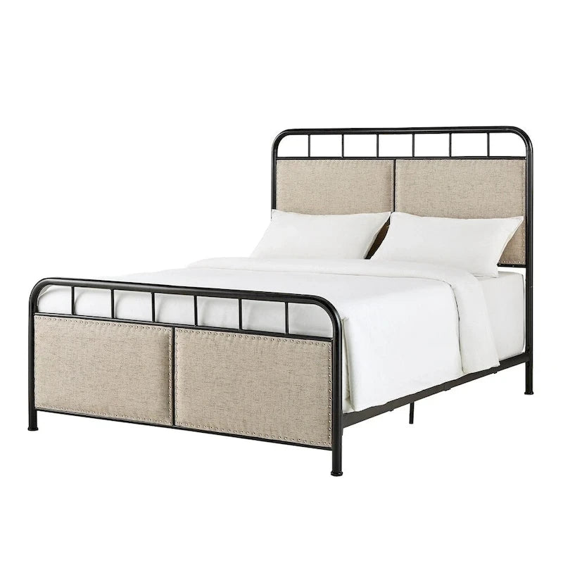 Beige Upholstered Black Metal Queen Bed