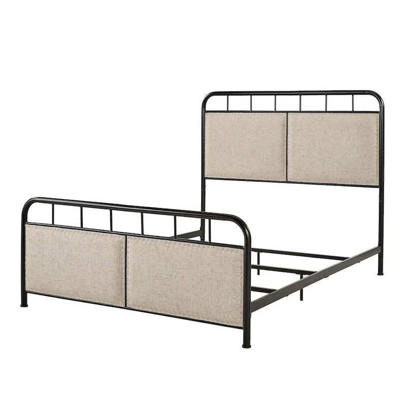 Beige Upholstered Black Metal Queen Bed