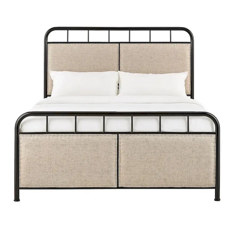Beige Upholstered Black Metal Queen Bed