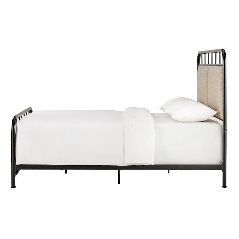 Beige Upholstered Black Metal Queen Bed