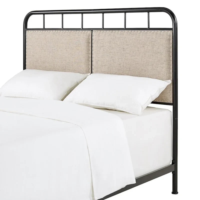 Beige Upholstered Black Metal Queen Bed