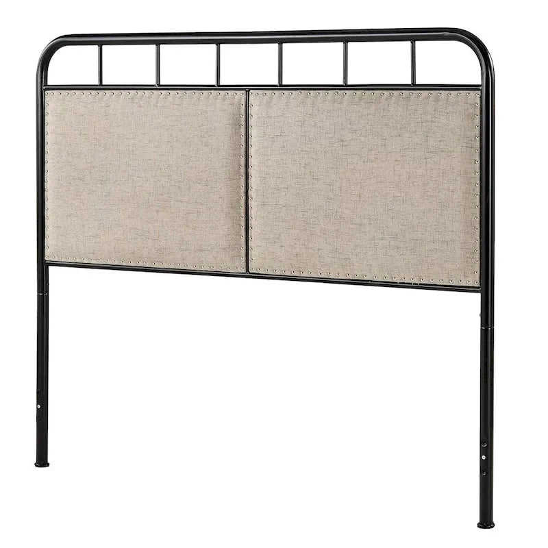 Beige Upholstered Black Metal Queen Bed