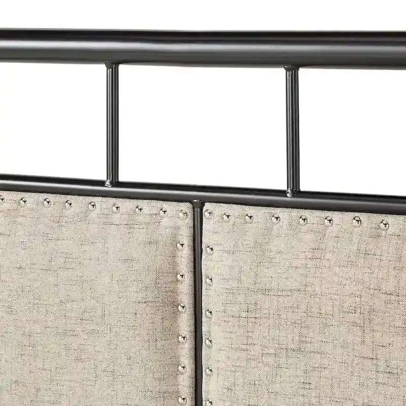 Beige Upholstered Black Metal Queen Bed