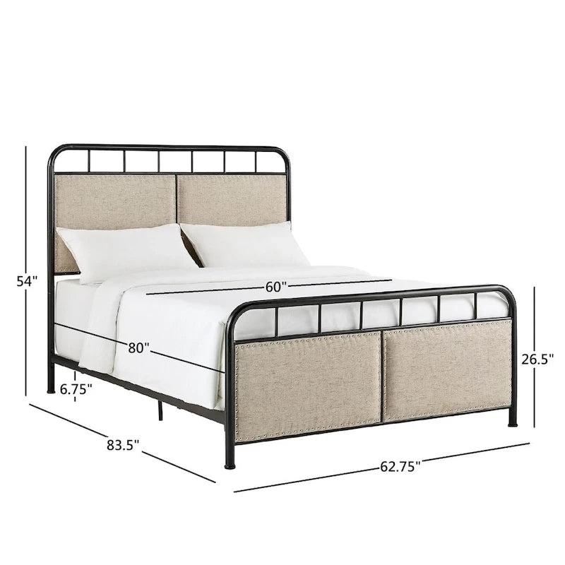 Beige Upholstered Black Metal Queen Bed