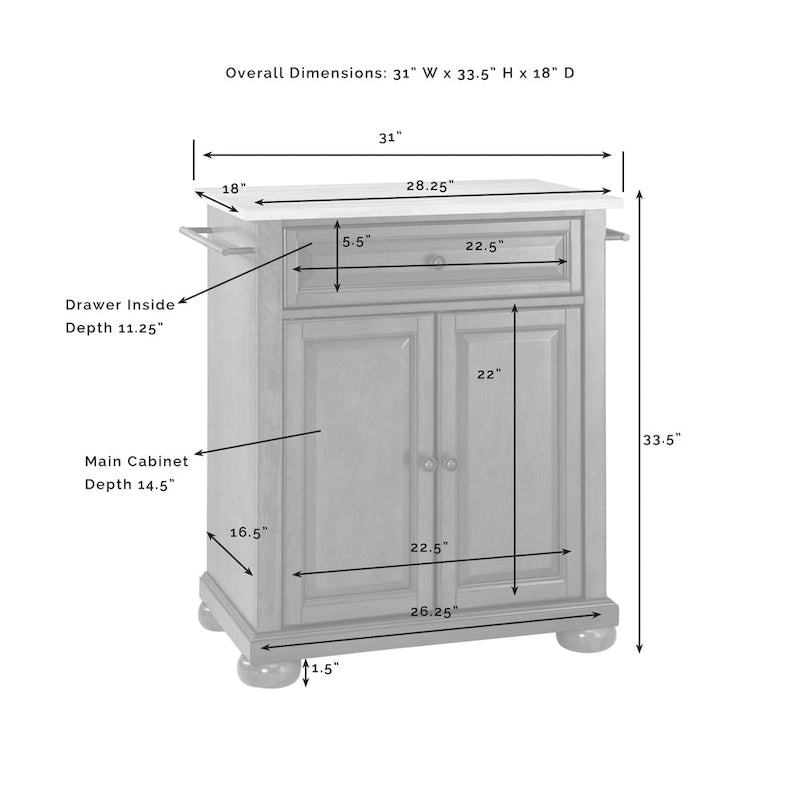 Solid Granite Top Portable Kitchen Island in White Finish - 18d x 31w x 33.5h