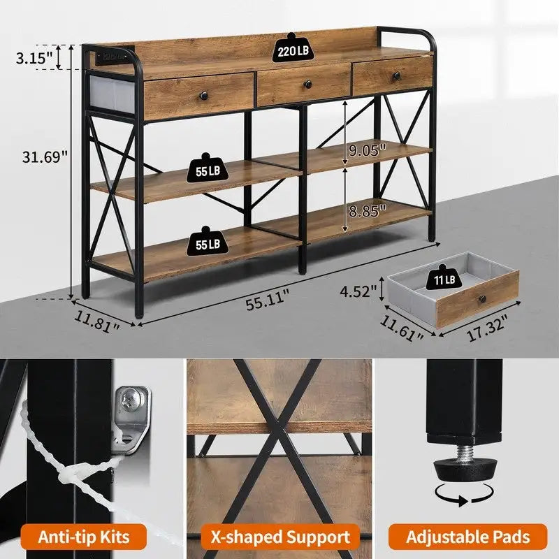 Console Table with Outlets and USB Ports, Narrow Entryway Table with 3-Drawer