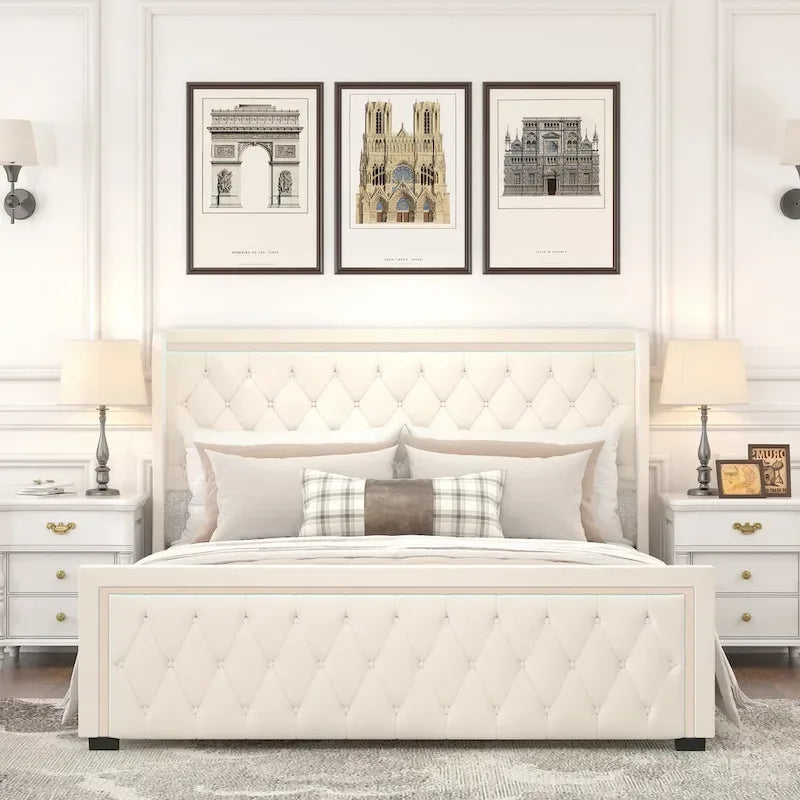 Queen Platform Bed Frame with High Headboard, Velvet Upholstered Bed with Adjustable Colorful LED Light Decorative Headboard