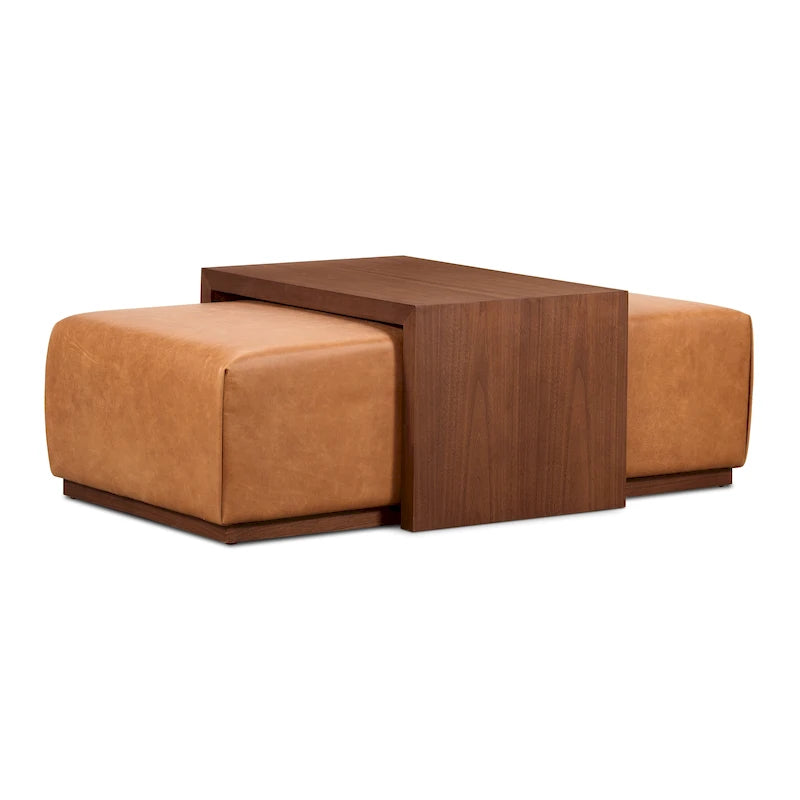 Ottoman with Adjustable Walnut Table - Full Grain Genuine Leather