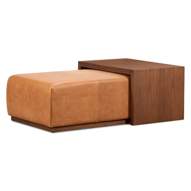 Ottoman with Adjustable Walnut Table - Full Grain Genuine Leather