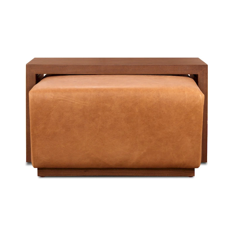 Ottoman with Adjustable Walnut Table - Full Grain Genuine Leather