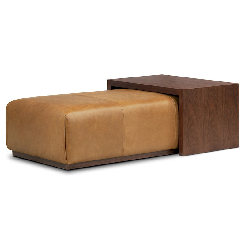 Ottoman with Adjustable Walnut Table - Full Grain Genuine Leather