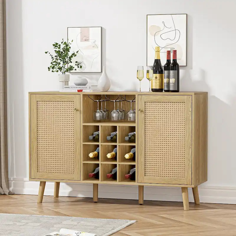Farmhouse Wood Rattan 2-Door Kitchen Buffet Sideboard Storage Wine Cabinet with Wine Rack and Glass Holder
