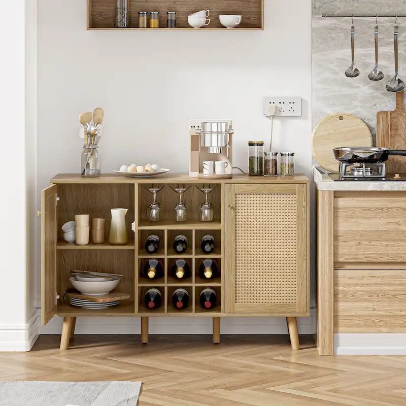 Farmhouse Wood Rattan 2-Door Kitchen Buffet Sideboard Storage Wine Cabinet with Wine Rack and Glass Holder
