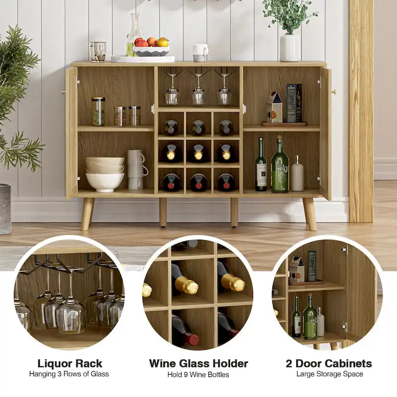 Farmhouse Wood Rattan 2-Door Kitchen Buffet Sideboard Storage Wine Cabinet with Wine Rack and Glass Holder