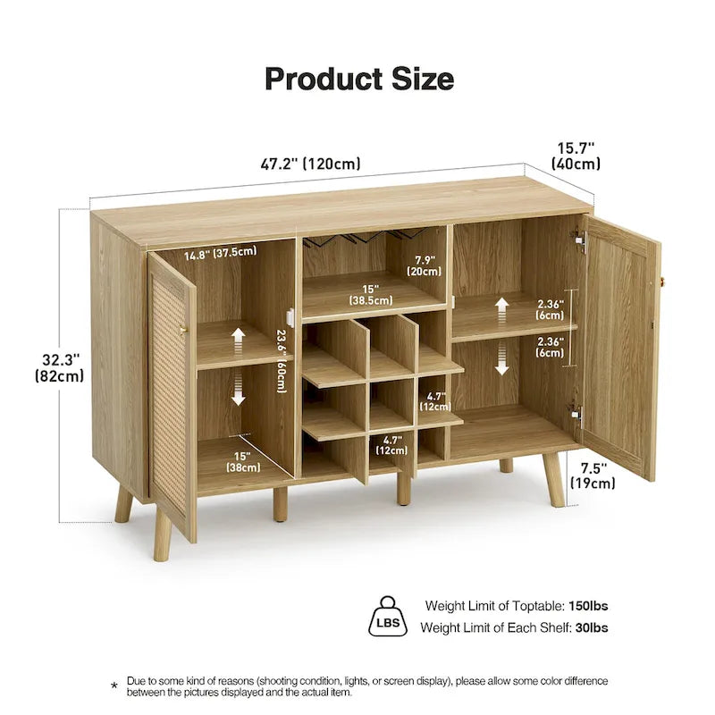 Farmhouse Wood Rattan 2-Door Kitchen Buffet Sideboard Storage Wine Cabinet with Wine Rack and Glass Holder