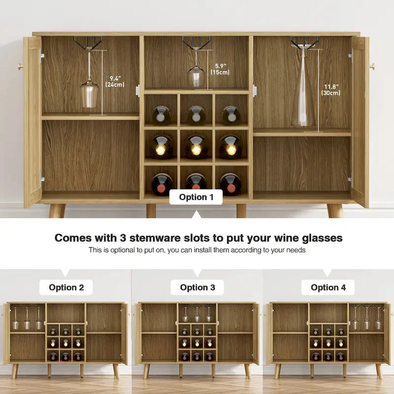 Farmhouse Wood Rattan 2-Door Kitchen Buffet Sideboard Storage Wine Cabinet with Wine Rack and Glass Holder